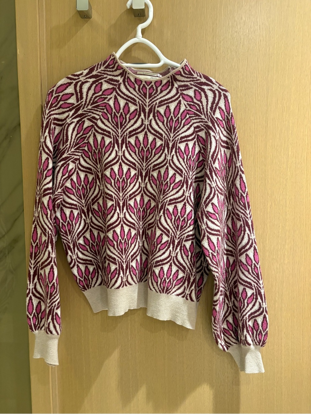 Anthropologie Cream Sweater with Pink & Brown Floral Motif size M